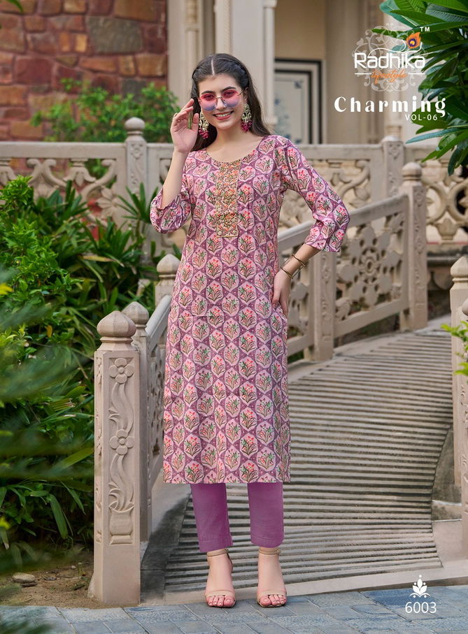 Charming Vol 6 By Radhika Modal Chanderi Work Designer Kurtis Wholesale Price In Surat
